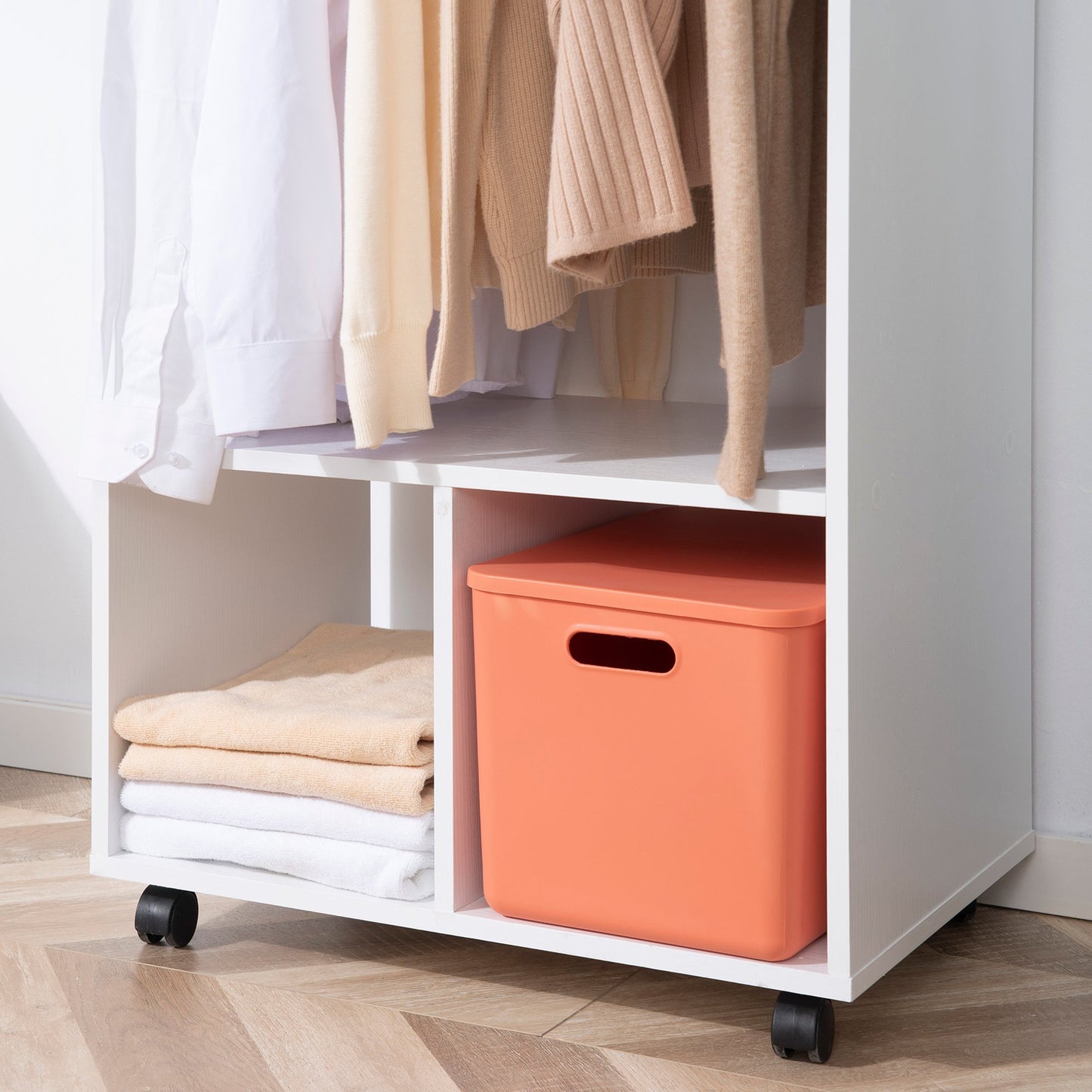 Open Wardrobe with Hanging Rod and Storage Shelves Mobile Garment Rack on Wheels Bedroom, Cloakroom, White