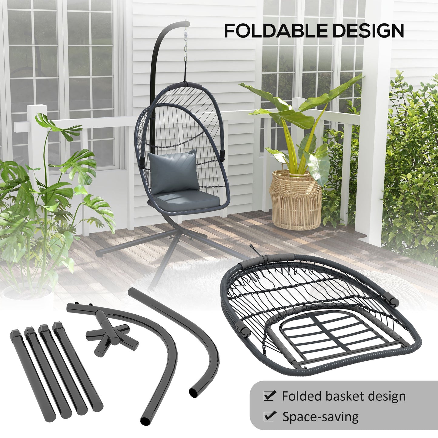Outdoor PE Rattan Patio Hanging Swing Chair With Cushion, Foldable Basket With Metal Stand, 360° Rotation Spring Hook - Grey