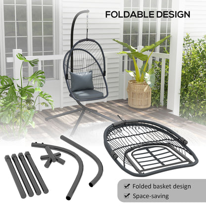 Outdoor PE Rattan Patio Hanging Swing Chair With Cushion, Foldable Basket With Metal Stand, 360° Rotation Spring Hook - Grey