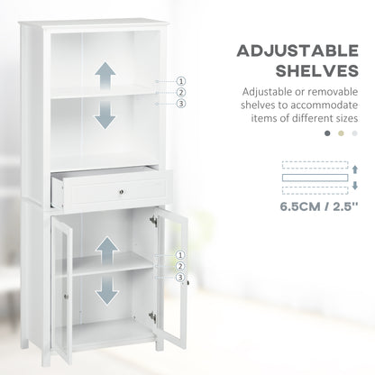 Kitchen Cupboard, Pantry Storage Cabinet w/ Tempered Glass Doors, Drawer, Open Shelf, Adjustable Shelves, 181.5 cm, White