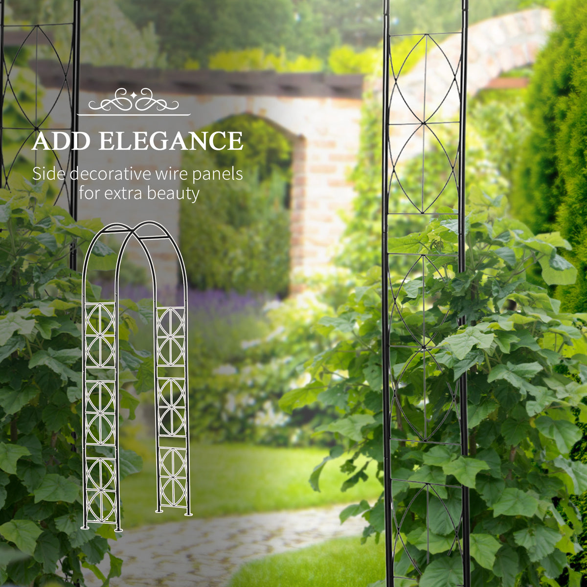 Matte Black Garden Arch | 2.3 m Steel Arbor Trellis with Curved Frame, Climbing Plant Supports, Hanging Basket Rails, Disc Feet & Ground Stakes