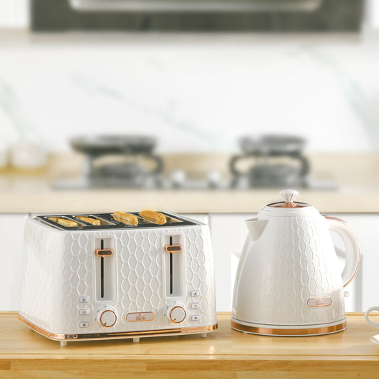 3000W 1.7L Fast Boil Kettle & 4 Slice Toaster Set, Kettle and Toaster Set with 7 Browning Controls, Crumb Tray, White