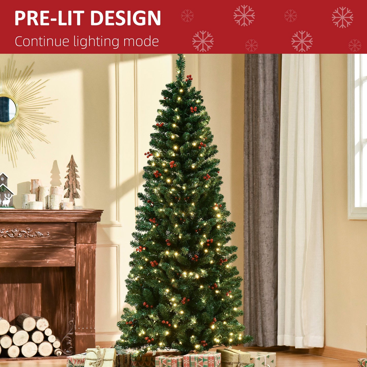 6FT Prelit Artificial Pencil Christmas Tree With Warm White LED Light, Red Berry, Holiday Home Decoration, Green