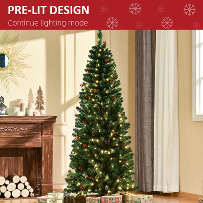 6FT Prelit Artificial Pencil Christmas Tree With Warm White LED Light, Red Berry, Holiday Home Decoration, Green