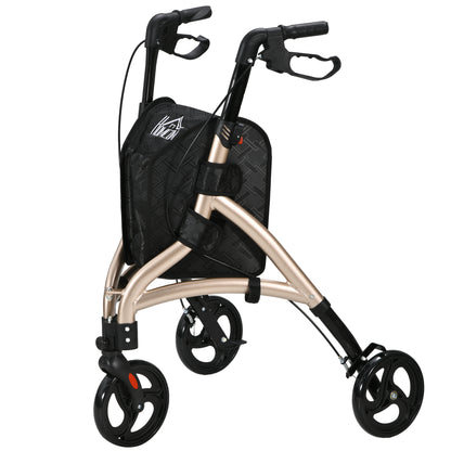 3 Wheel Rollator Lightweight Aluminium Tri Walker With Adjustable Handle, Storage Bag And Dual Brakes, Folding, 5.3kg, Gold Tone