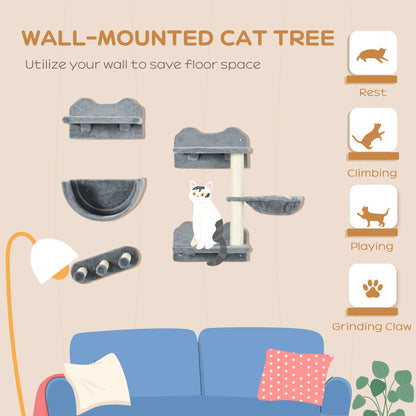 PawHut 4 Piece Wall-Mounted Cat Shelves w/ Scratching Post, Hammock, Nest, Grey and Cream