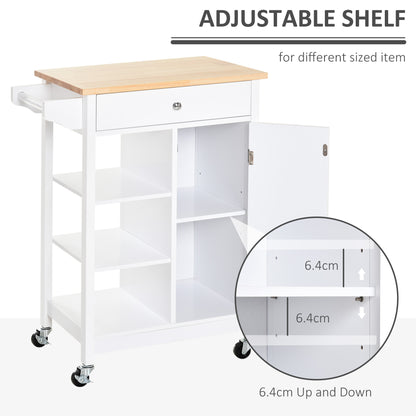 Kitchen Storage Trolley Unit w/ Wood Top 3 Shelves Cupboard Drawer Rail 4 Wheels Handles Moving Shelf Handy Spacesaver White