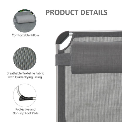 Outsunny Foldable Garden Lounger Camping Bed Cot w/ Pillow 5-Level Adjustable Back Aluminium Frame, 76H x 170L x 60W Grey