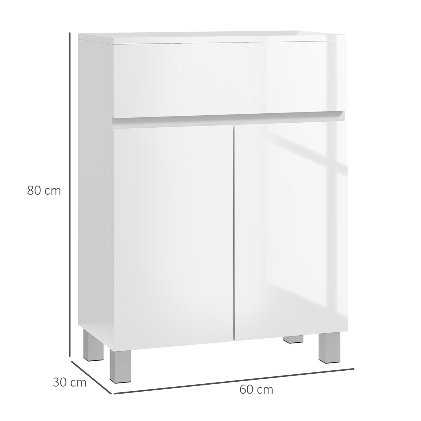 Kleankin Freestanding Bathroom Cabinet, High Gloss Storage Cabinet with Doors and Adjustable Shelf, 60 x 30 x 80 cm, White