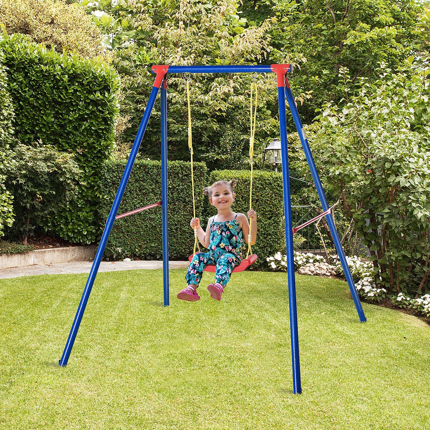 Outsunny Metal Swing Set with Seat Adjustable Rope Heavy Duty A-Frame Stand Backyard Outdoor Playset for Kids Fun 6-12 Years Old Blue