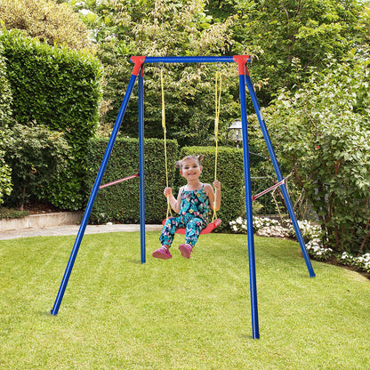 Outsunny Metal Swing Set with Seat Adjustable Rope Heavy Duty A-Frame Stand Backyard Outdoor Playset for Kids Fun 6-12 Years Old Blue
