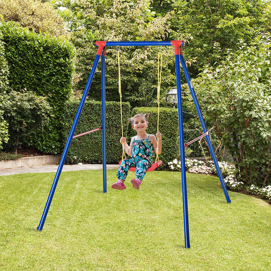 Outsunny Metal Swing Set with Seat Adjustable Rope Heavy Duty A-Frame Stand Backyard Outdoor Playset for Kids Fun 6-12 Years Old Blue