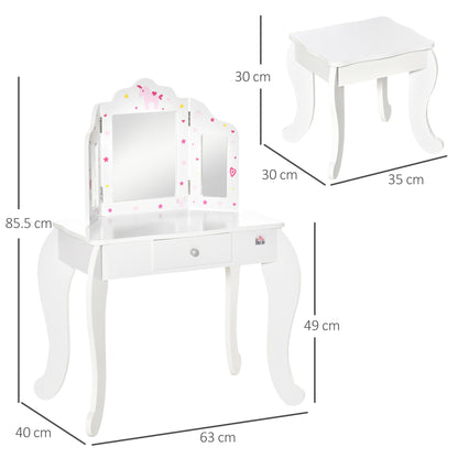 Kids Vanity Table & Stool Girls Dressing Set Make Up Desk Chair Dresser Play Set with Rotatable Mirrors Drawer Star & Heart Pattern White