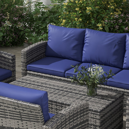 Outsunny 6 Piece Outdoor Rattan Wicker Sofa Set Sectional Patio Conversation Furniture Set w/ Storage Table & Cushion Navy Blue