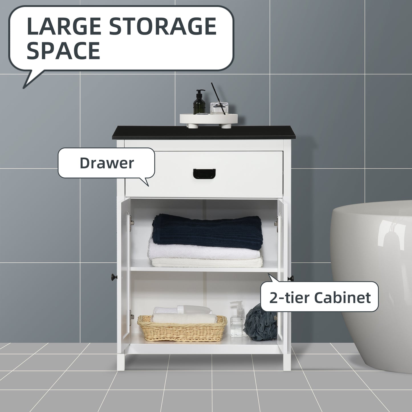 Kleankin Bathroom Cabinet, Bathroom Storage Unit with Drawer, Double Door Cabinet, Adjustable Shelf for Living Room, White