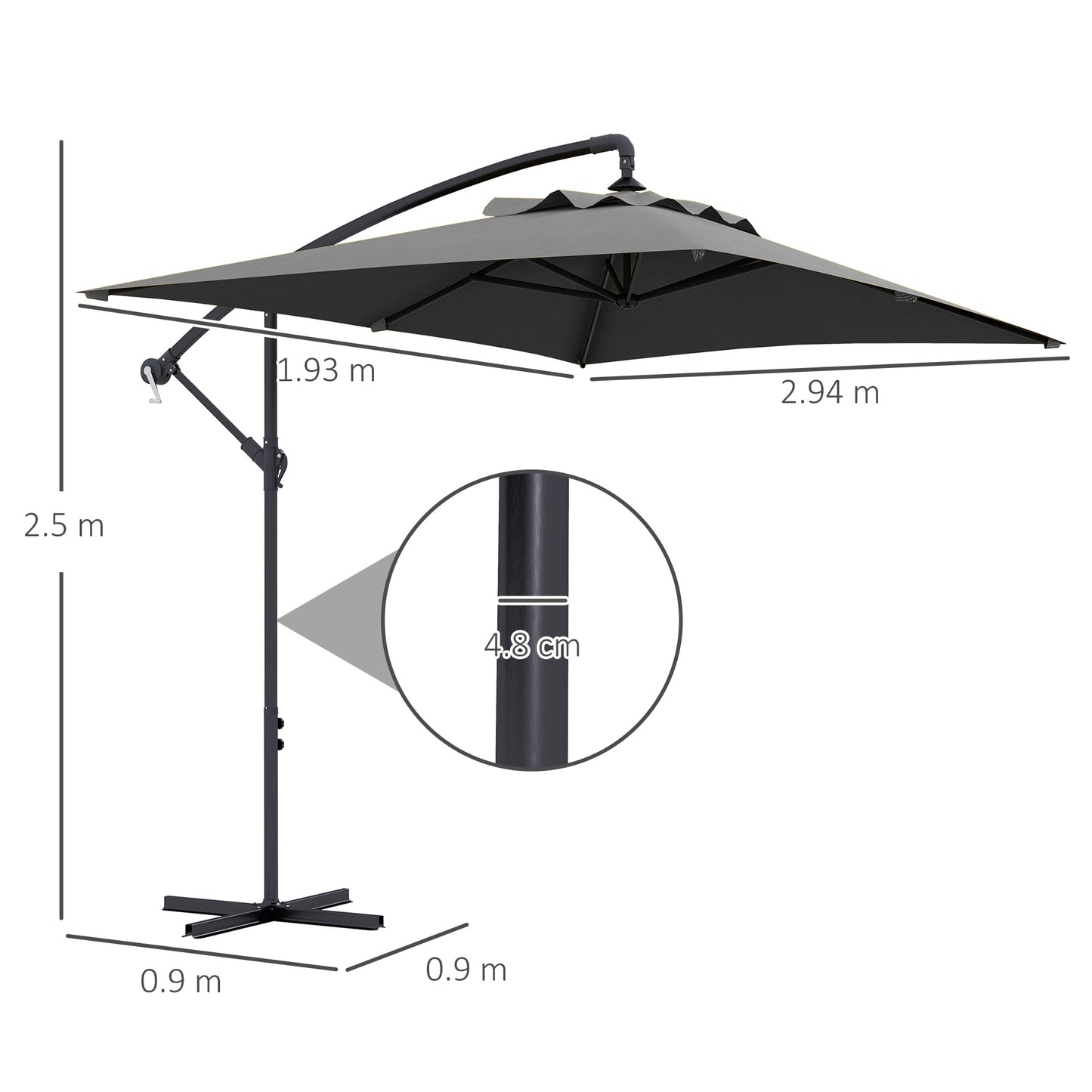 Outsunny 3x2m Cantilever Cross Base Banana Parasol With Crank Handle And 6 Ribs, Rectangular Hanging Patio Umbrella For Outdoors - Grey