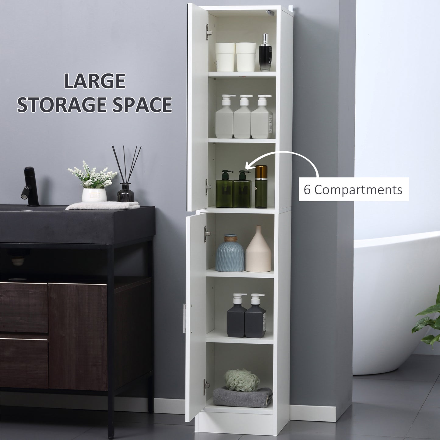 Kleankin Tall Mirrored Bathroom Cabinet, Bathroom Storage Cupboard, Floor Standing Tallboy Unit with Adjustable Shelf, White