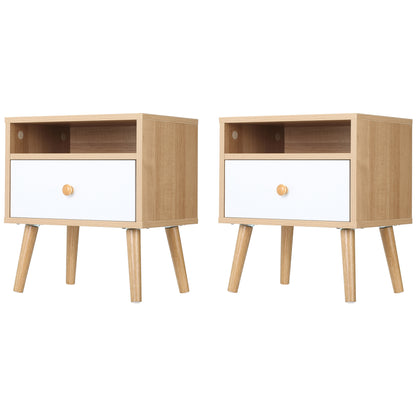 Set Of 2 Bedside Table, Bedside Cabinet with Drawer and Shelf, Modern Nightstand, End Table for Living Room, Bedroom, Natural