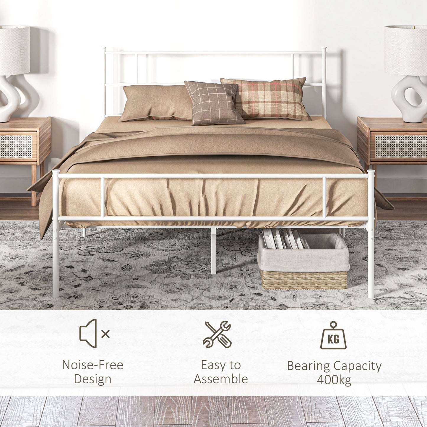 King Bed Frame, Metal Bed Base with Headboard and Footboard, Metal Slat Support and 31cm Underbed Storage Space