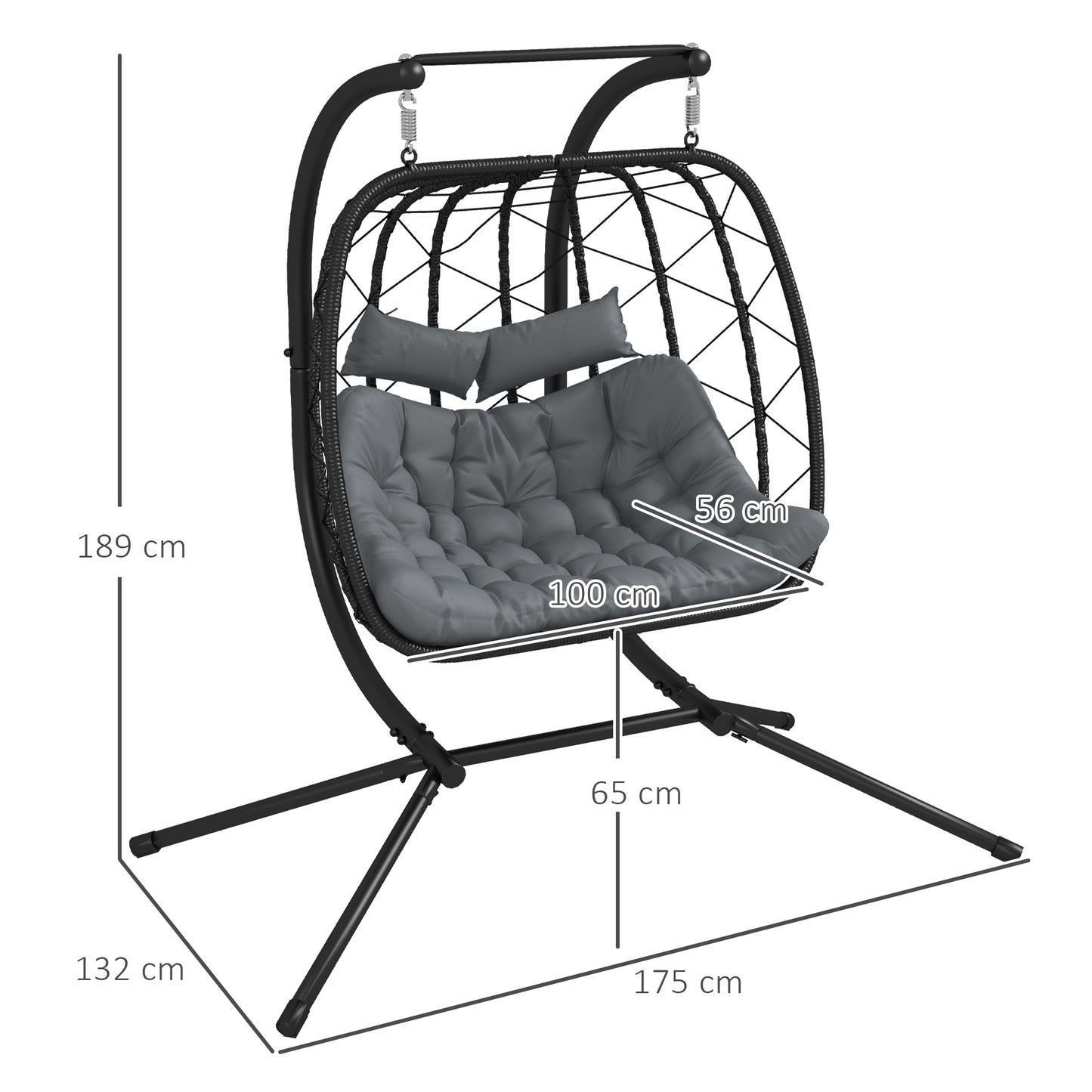 Outdoor PE Rattan Double-seater Swing Chair With Thick Padded Cushion, Patio Hanging For Two With Metal Stand  Headrest For Indoor and Outdoor, Black