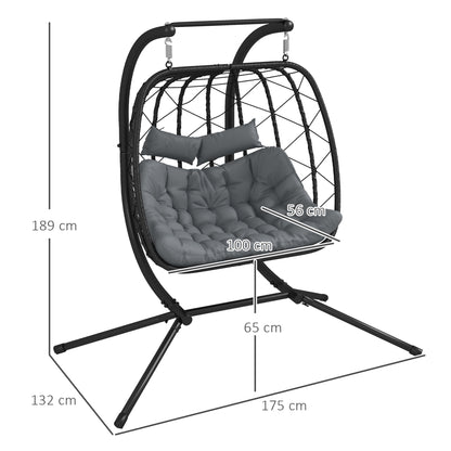 Outdoor PE Rattan Double-seater Swing Chair With Thick Padded Cushion, Patio Hanging For Two With Metal Stand  Headrest For Indoor and Outdoor, Black