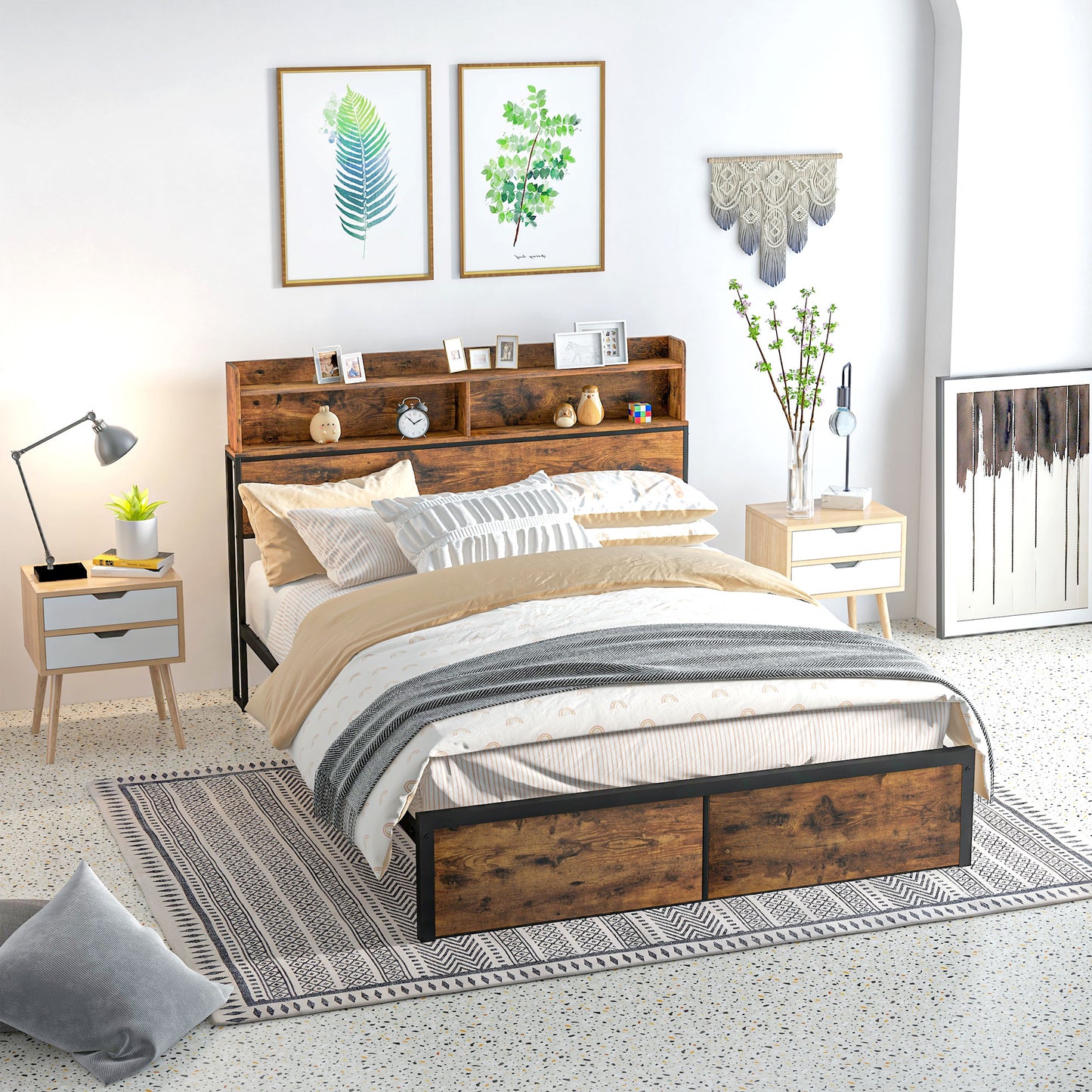 Retro Style Industrial King Bed Frame, 5.2FT Steel Bed Base w/ Storage Headboard, Footboard, Under Bed Storage, 158 x 222cm, Rustic Brown