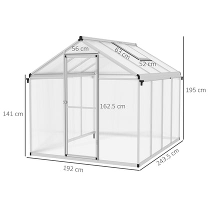 Outsunny 6 x 8ft Polycarbonate Greenhouse With Rain Gutters, Large Walk In With Door And Window, Garden Grow House With Aluminium Frame