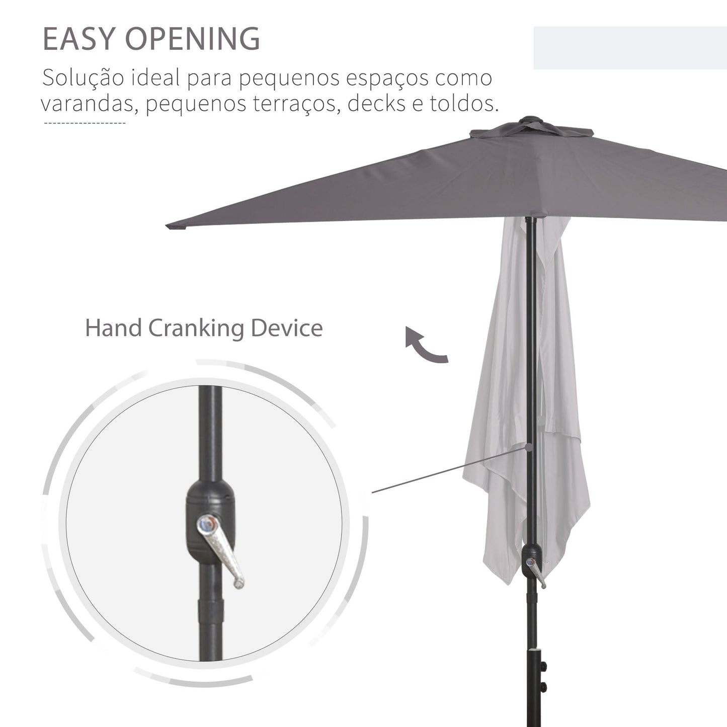 Outsunny Balcony Half Parasol Semi Round Umbrella Patio Crank Handle (2.3m, Grey)- NO BASE INCLUDED