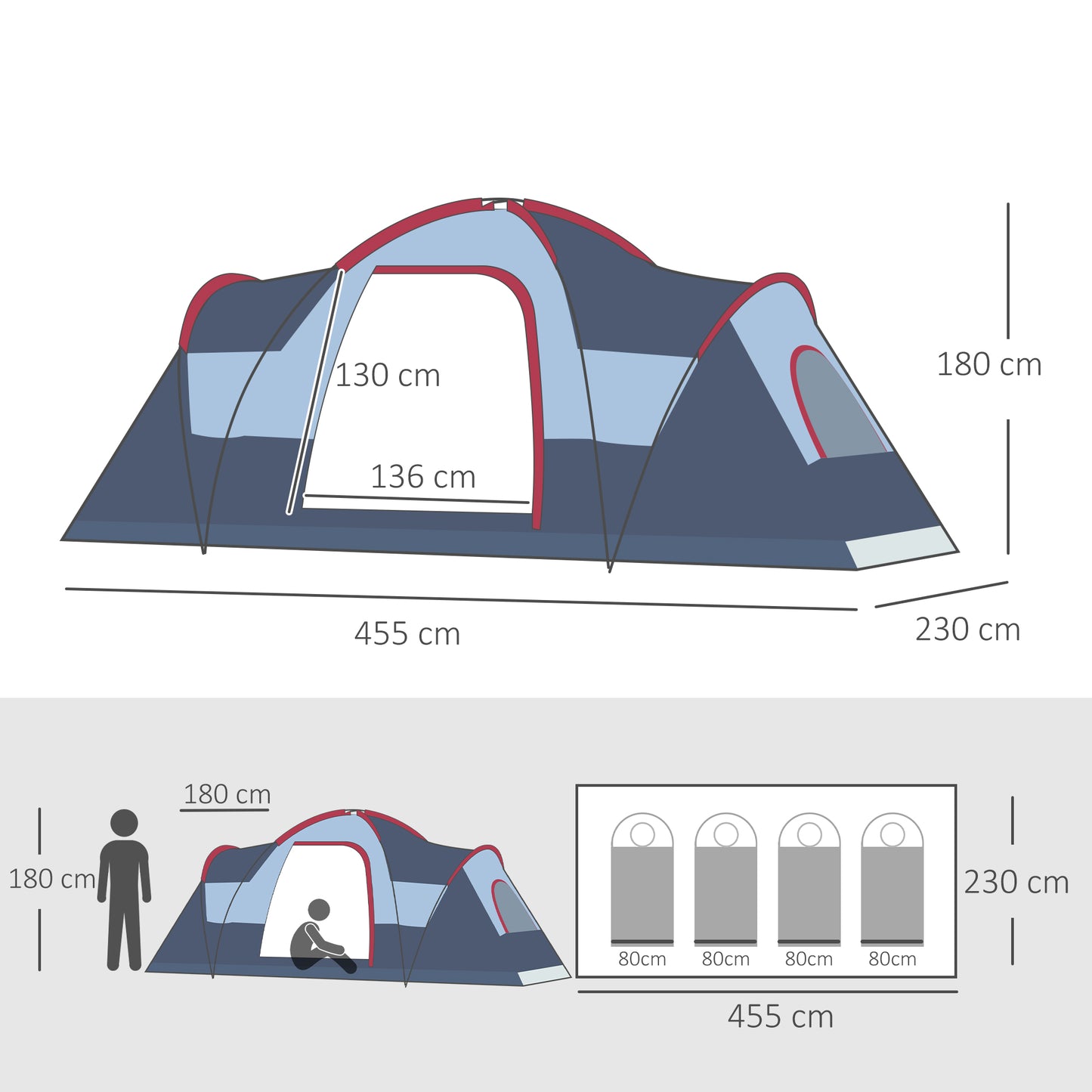 Outsunny 5-6 Man Dome Camping Tent Hiking Shelter UV Protection Water Resistant Tunnel Sun Shade - Grey