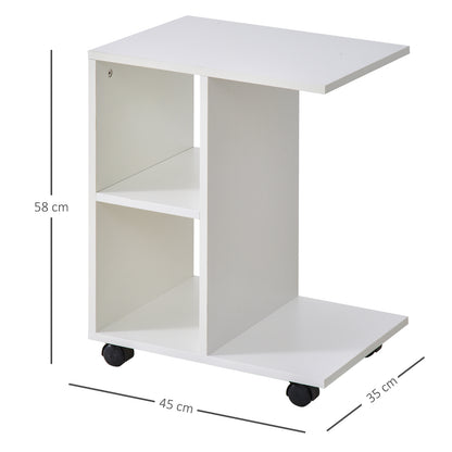 C - Shape End Table Unique Storage Unit w/ 2 Shelves 4 Wheels Freestanding Home Office Furniture Cabinet Square Studio White