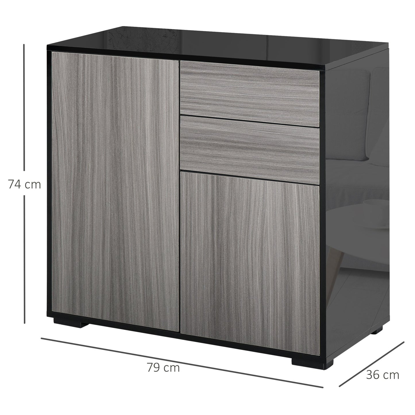 Modern Stylish Freestanding Push-Open Design Cabinet with 2 Drawer, 2 Door Cabinet, 2 Part Inner Space-Light Grey and Black