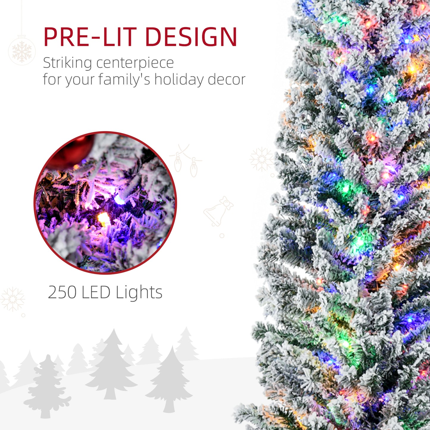 7.5' Artificial Prelit Christmas Trees Holiday Décor with Warm White LED Lights, Flocked Tips, Berry, Pine Cone