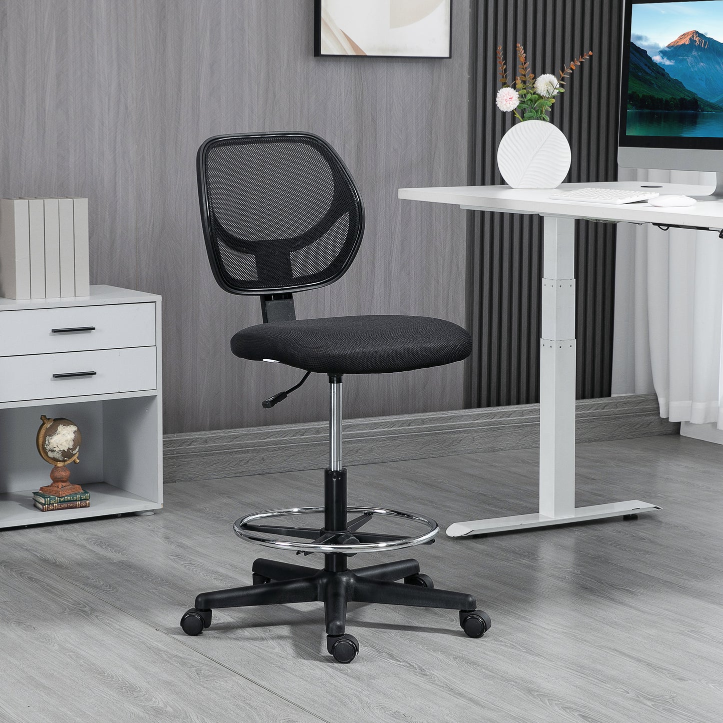 Ergonomic Draughtsman Chair for Standing Desk | Armless | Curved Mesh Back | Padded Seat | Adjustable Footrest Ring | Seat Height 50-70cm | 5 Wheels | 120kg | Black