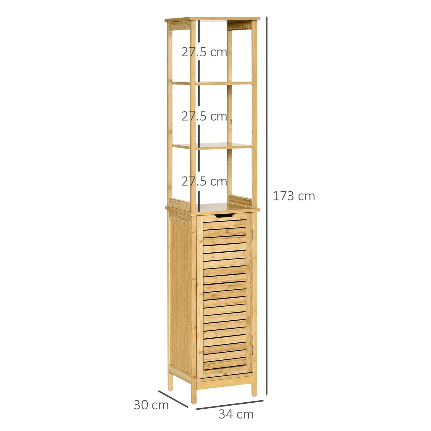 Kleankin Bathroom Floor Cabinet with 3 Shelves and Cupboard, Slim and Freestanding Organiser, Tallboy with Storage, Natural