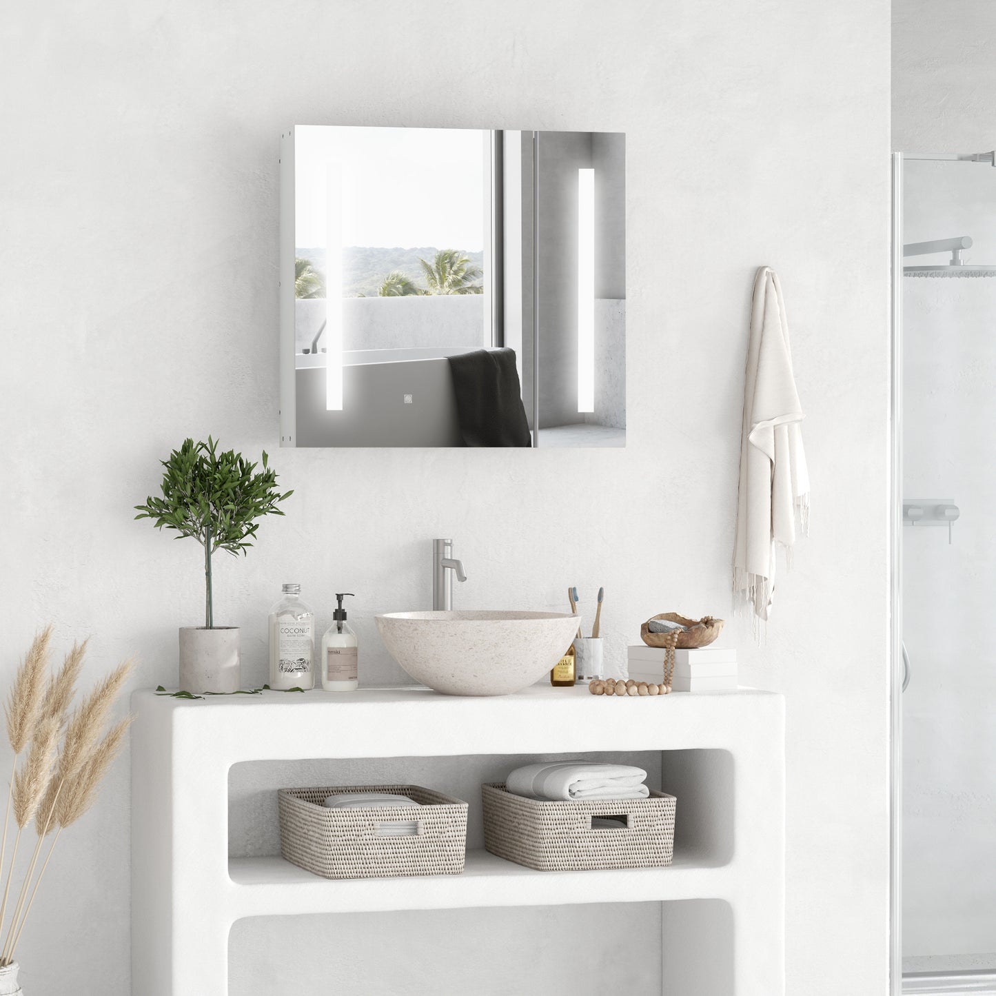 Kleankin Wall Mounted Bathroom Cabinet w/ LED Lights, Illuminated Bathroom Mirror Cabinet w/ Adjustable Shelf, Touch Switch, USB Charge, White