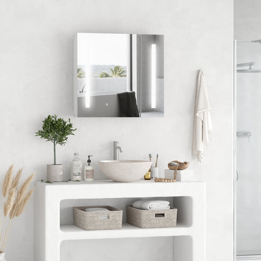 Kleankin Wall Mounted Bathroom Cabinet w/ LED Lights, Illuminated Bathroom Mirror Cabinet w/ Adjustable Shelf, Touch Switch, USB Charge, White