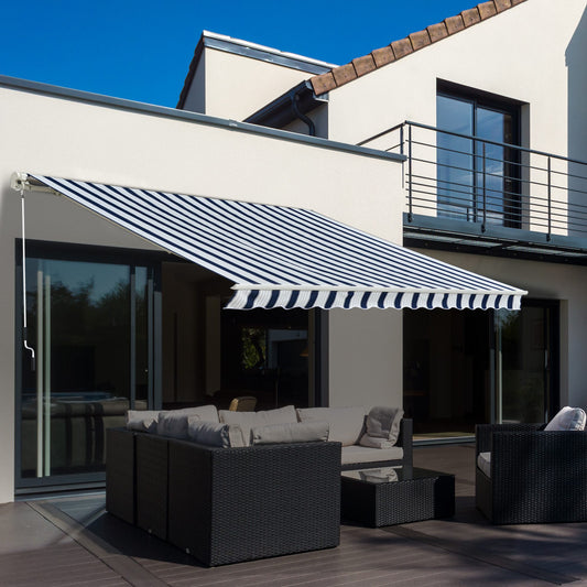 Outsunny Garden Patio Manual Retractable Awning Canopy Sun Shade Shelter, 3m x 2.5m-Blue/White