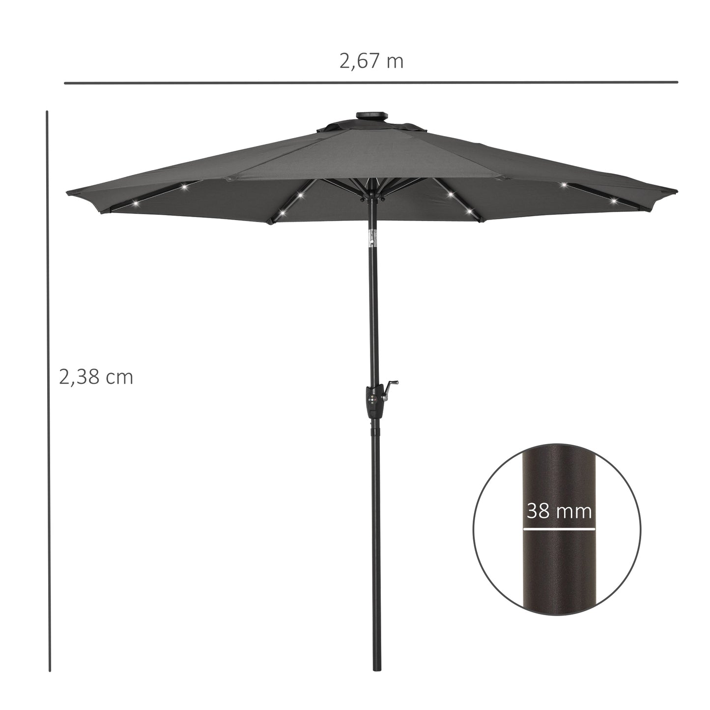 Outsunny Garden 24 LED Light Parasol Outdoor Tilt Sun Umbrella Patio Club Party Event Manual Sun Shade w/ Hand Crank Grey