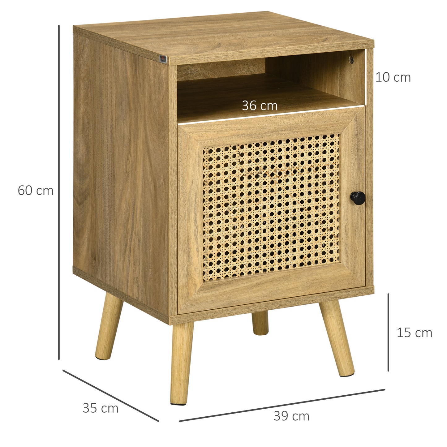 Bedside Table with Rattan Element, Side End Table with Shelf and Cupboard, 39cmx35cmx60cm, Set of 2, Natural