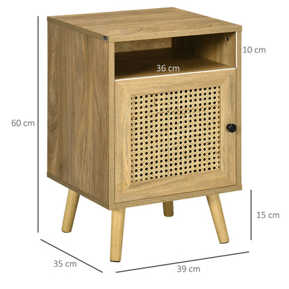 Bedside Table with Rattan Element, Side End Table with Shelf and Cupboard, 39cmx35cmx60cm, Set of 2, Natural