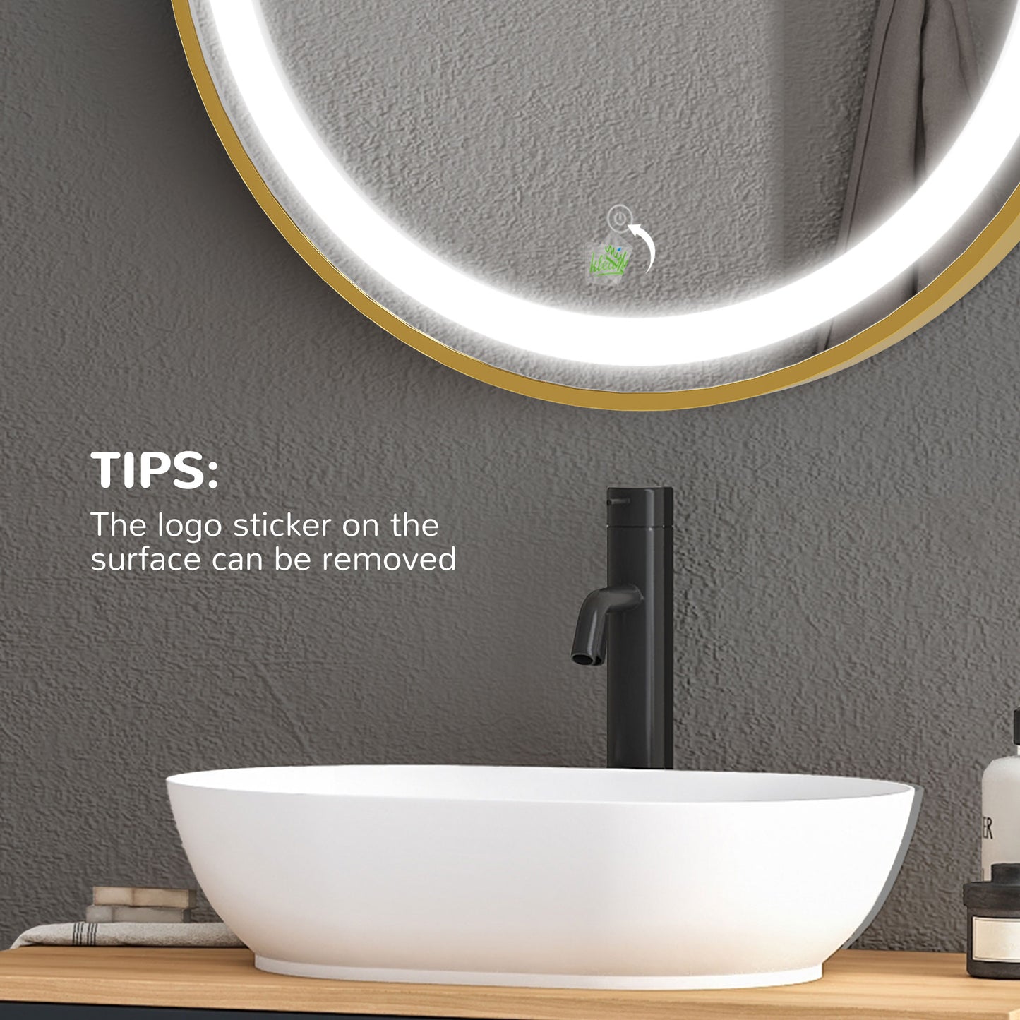 Kleankin Round Illuminated Bathroom Mirrors Dimmable LED Lighted Wall Mount Mirror w/ 3 Colours, Time Display, Memory Function, 60cm