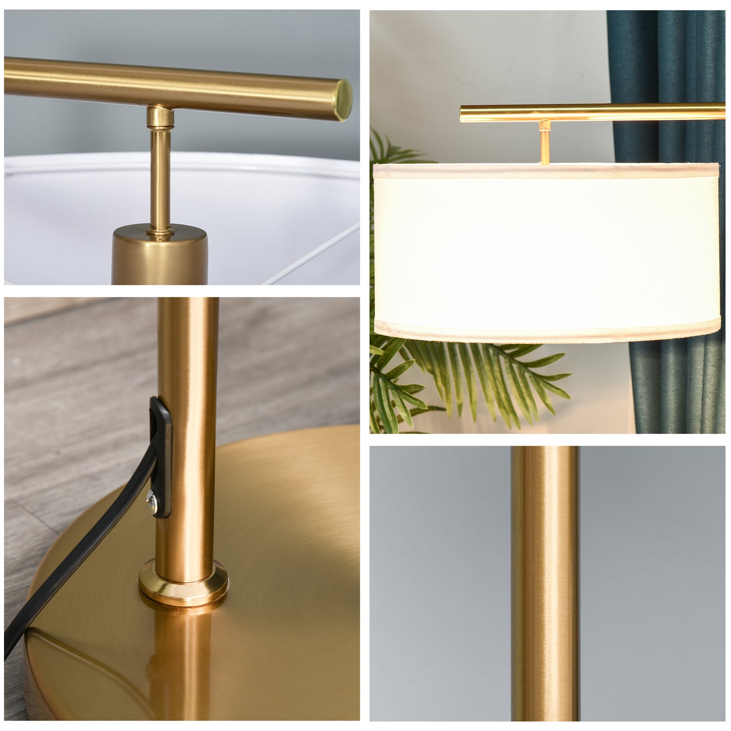 Floor Lamp, Modern Standing Light with Linen Lampshade, Round Base for Living Room, Bedroom, Dining Room, Gold and White