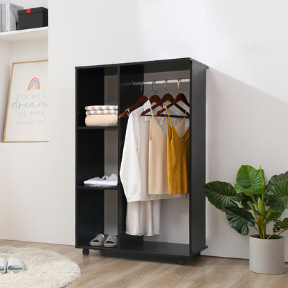 Open Wardrobe With Hanging Rail, Storage Shelves And Wheels Bedroom - Black