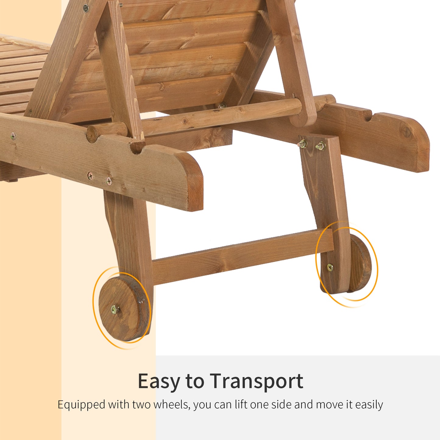 Outsunny Outdoor Wooden Lounger Chair, Sun Bed with Built-In Table, Adjustable Backrest and Wheels, Red Brown