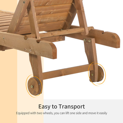 Outsunny Outdoor Wooden Lounger Chair, Sun Bed with Built-In Table, Adjustable Backrest and Wheels, Red Brown