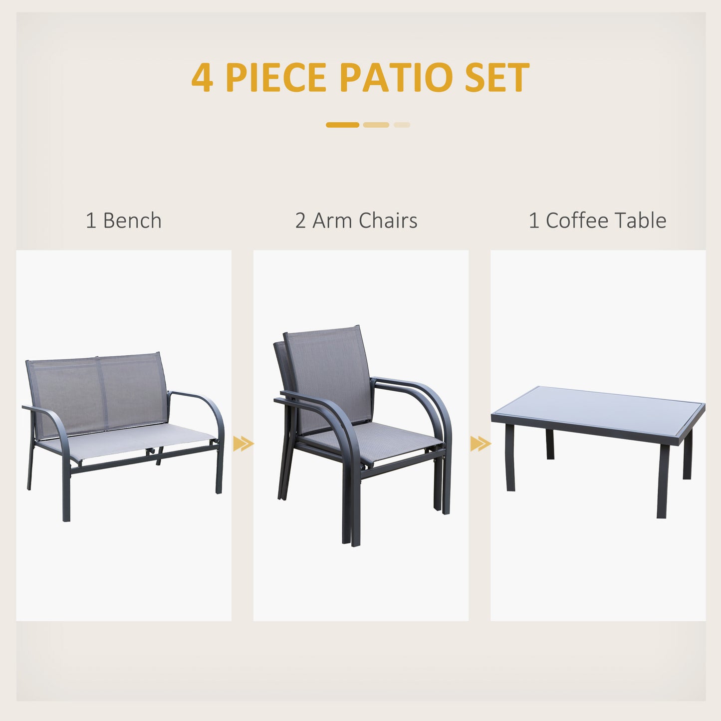 Outsunny 4 Piece Curved Steel Patio Furniture Set w/ Loveseat, Texteline Seats, Glass Top Table For Party Event, Grey