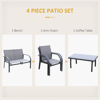 Outsunny 4 Piece Curved Steel Patio Furniture Set w/ Loveseat, Texteline Seats, Glass Top Table For Party Event, Grey