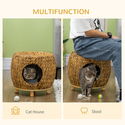 PawHut Wicker Cat Cave/House Stool with Soft Washable Cushion,Rattan Kitten Bed for Outdoor & Indoor Use， 44 x 43 x 41cm