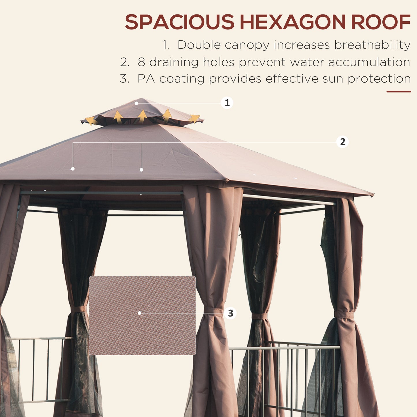 Outsunny Hexagon Gazebo Patio Canopy Party Tent Outdoor Garden Shelter w/ 2 Tier Roof & Side Panel - Brown