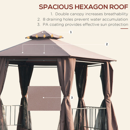 Outsunny Hexagon Gazebo Patio Canopy Party Tent Outdoor Garden Shelter w/ 2 Tier Roof & Side Panel - Brown